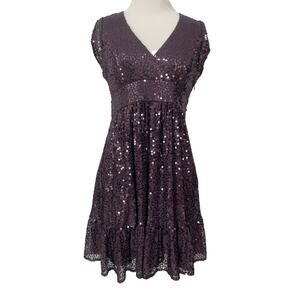 VTG Betsey Johnson Evening Sequin Babydoll Mini Dress 6 Purple Silk Whimsy NYE